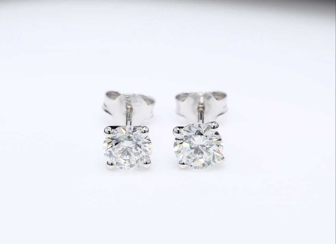 Customizable 4-Prong Round Brilliant Diamond Earrings – White or Fancy Color (Pink, Blue, Green)
