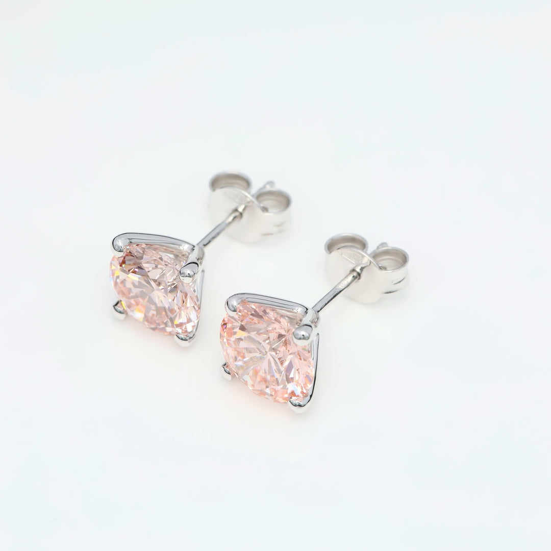 Customizable 4-Prong Round Brilliant Diamond Earrings – White or Fancy Color (Pink, Blue, Green)