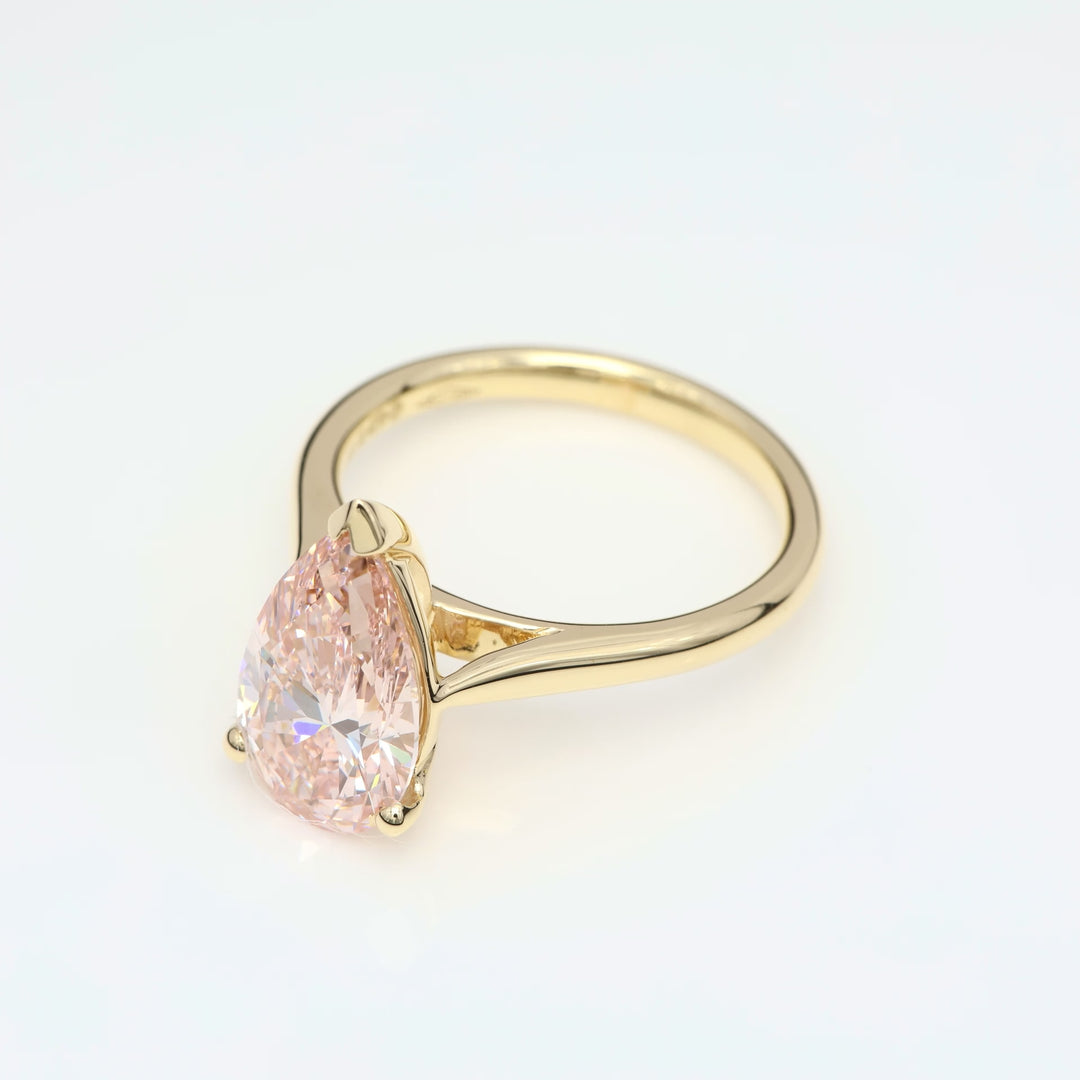 Captivating 3 Carat Pear-Shaped, Solitaire, Fancy Pink Lab-Grown Diamond Engagement Ring, 18K Yellow Gold