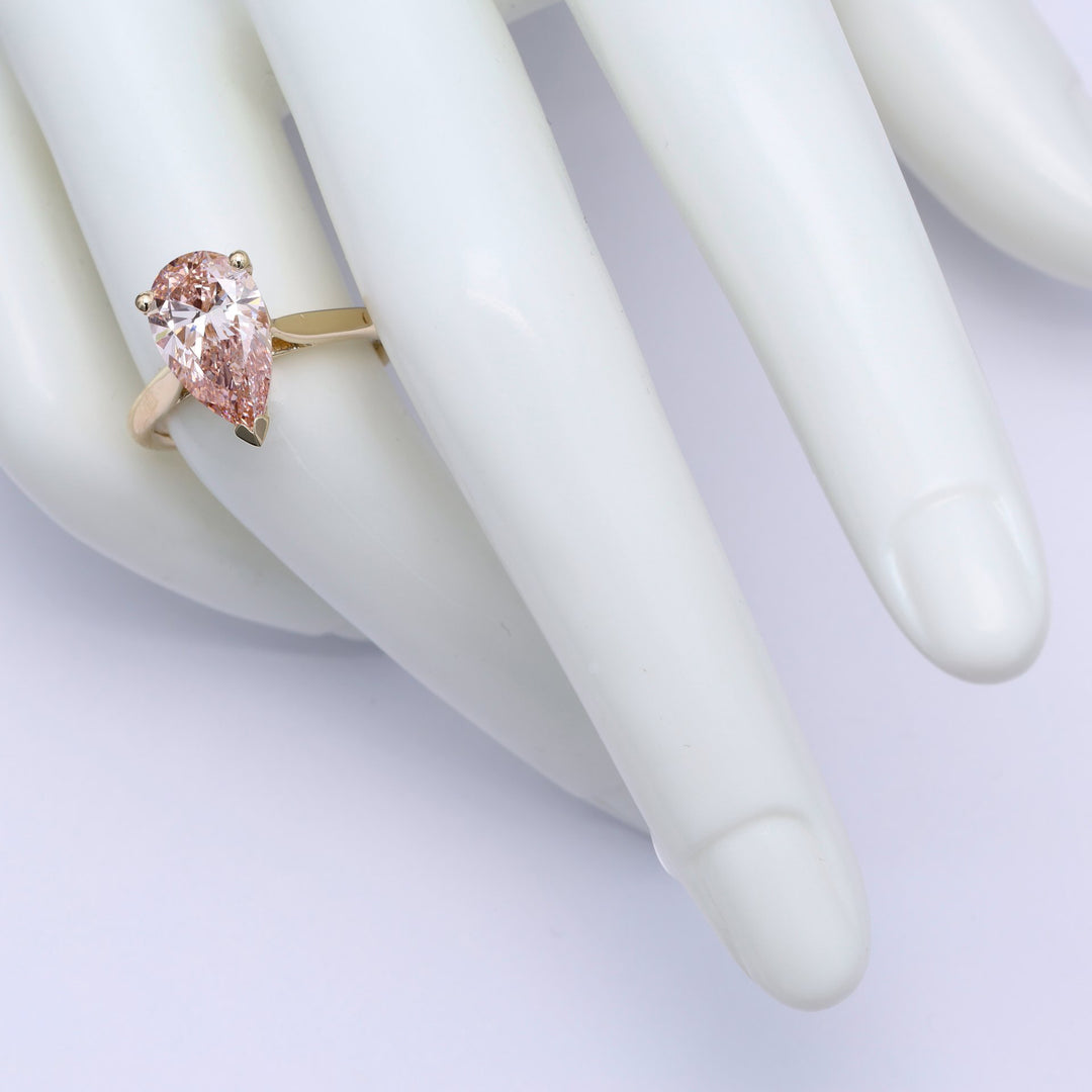 Captivating 3 Carat Pear-Shaped, Solitaire, Fancy Pink Lab-Grown Diamond Engagement Ring, 18K Yellow Gold