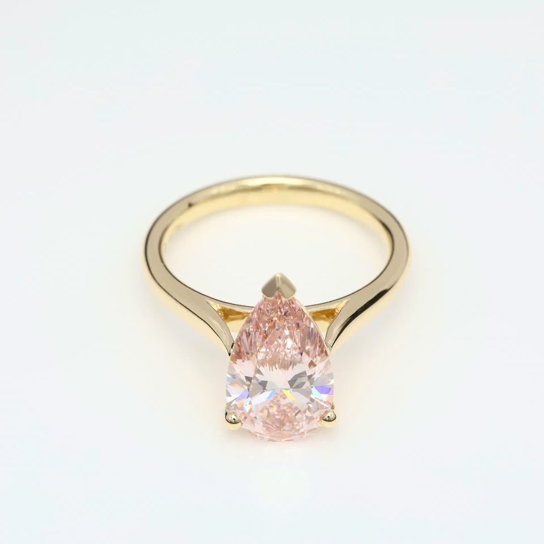 Captivating 3 Carat Pear-Shaped, Solitaire, Fancy Pink Lab-Grown Diamond Engagement Ring, 18K Yellow Gold