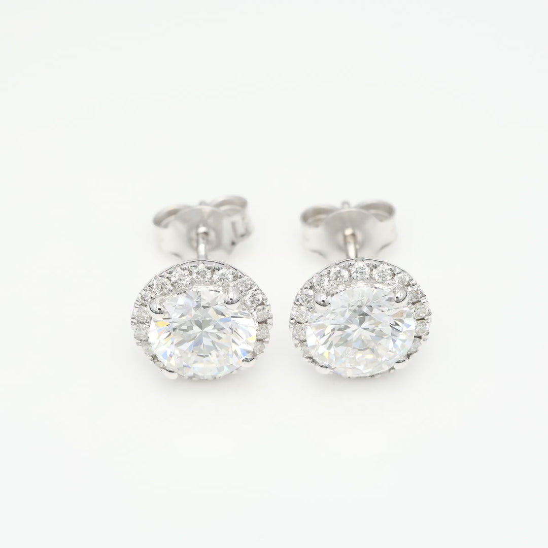 2 Carat Round Diamond Halo Earrings in 18K White Gold