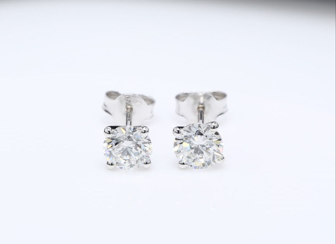 Customizable 4-Prong Round Brilliant Diamond Earrings – White or Fancy Color (Pink, Blue, Green)
